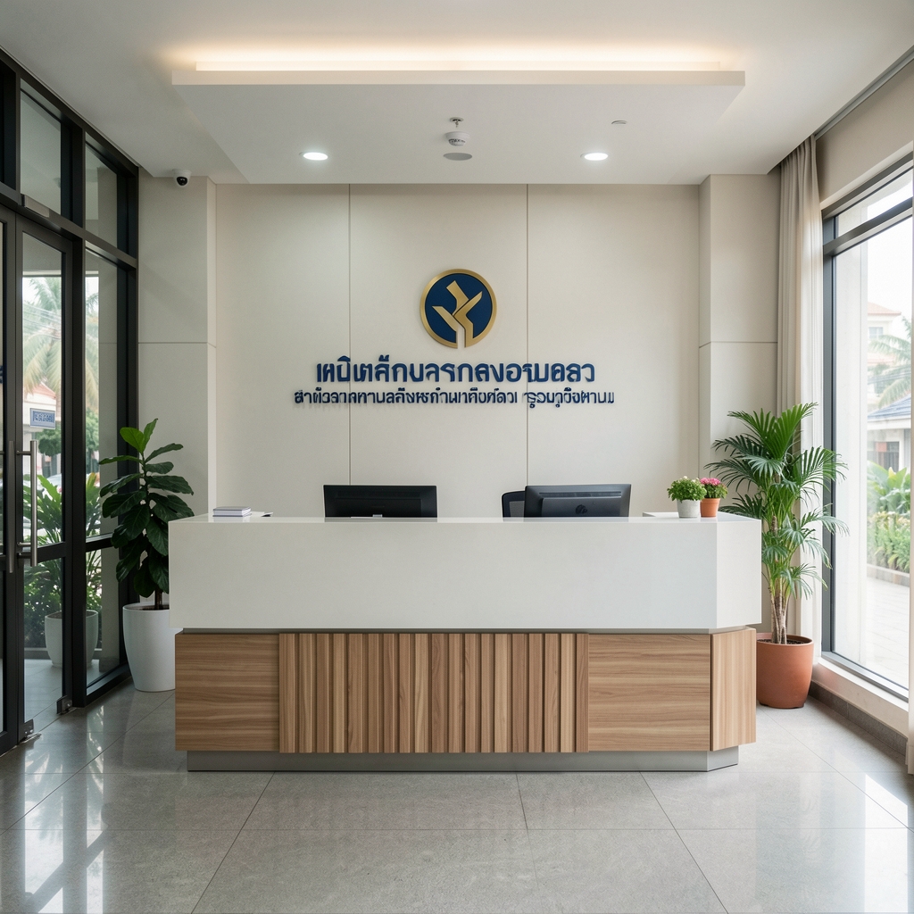 ทางเข้าสำนักงานสื่อข้อมูลในกรุงเทพฯ มีโต๊ะต้อนรับและป้าย Orison Analytics